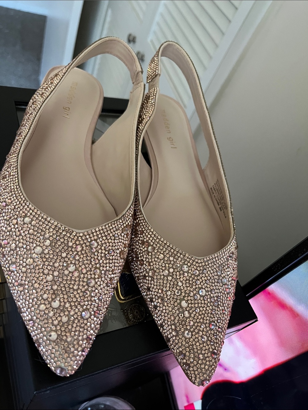 Steve Madden Crystal-Embellished Pointed Slingback Flats in Rose